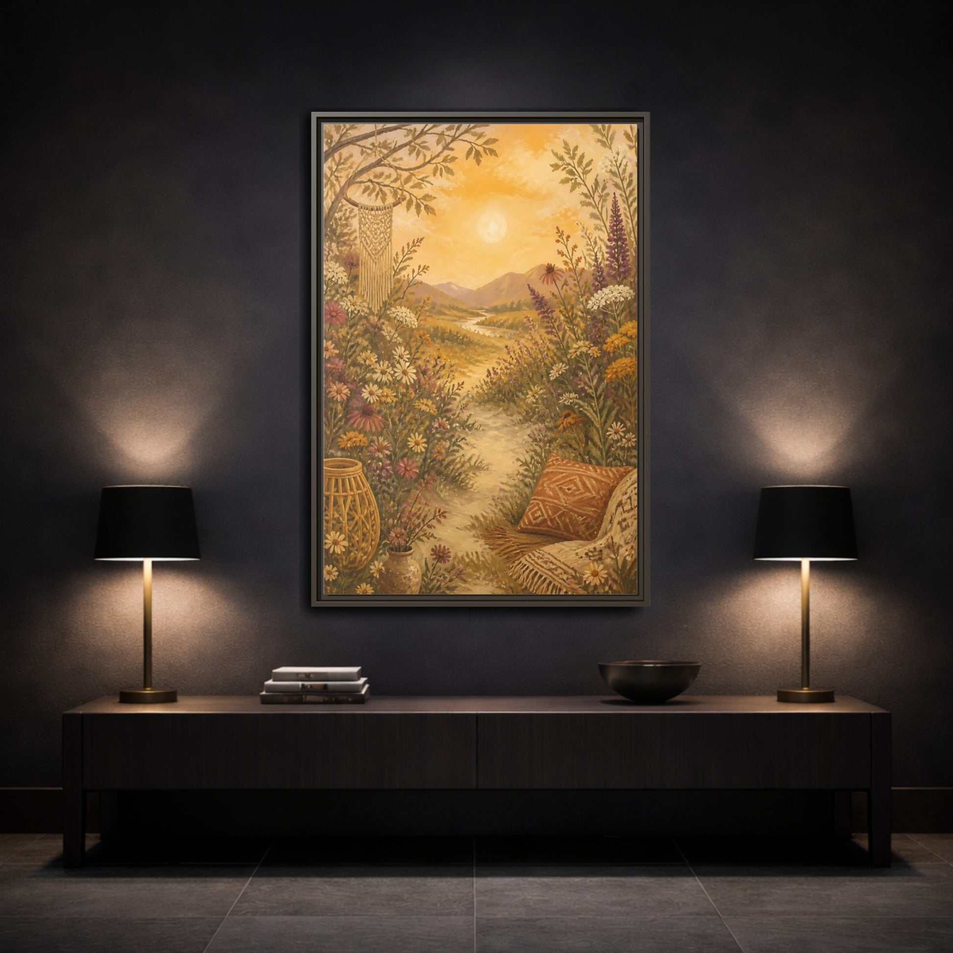 Mockup 3. Boho Wildflower Path shown as framed canvas print
