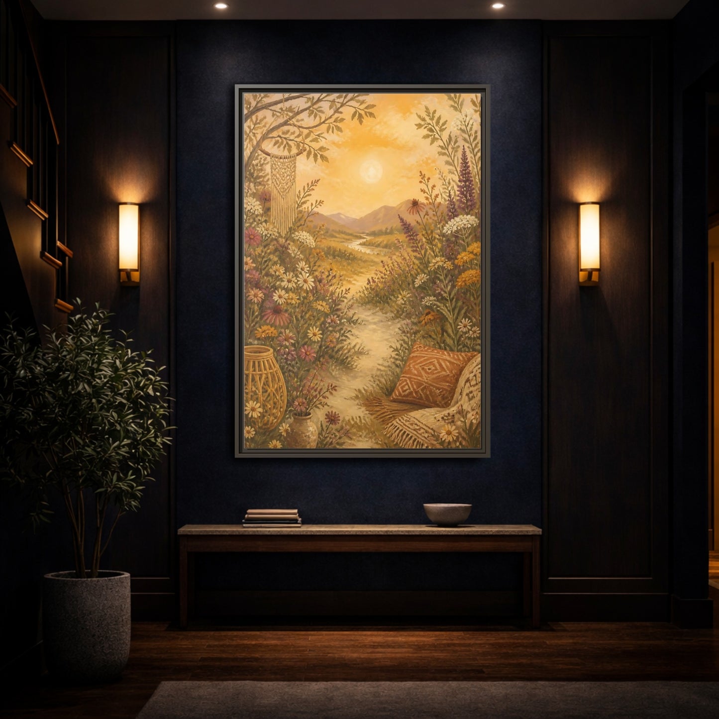 Mockup 4. Boho Wildflower Path shown as framed canvas print