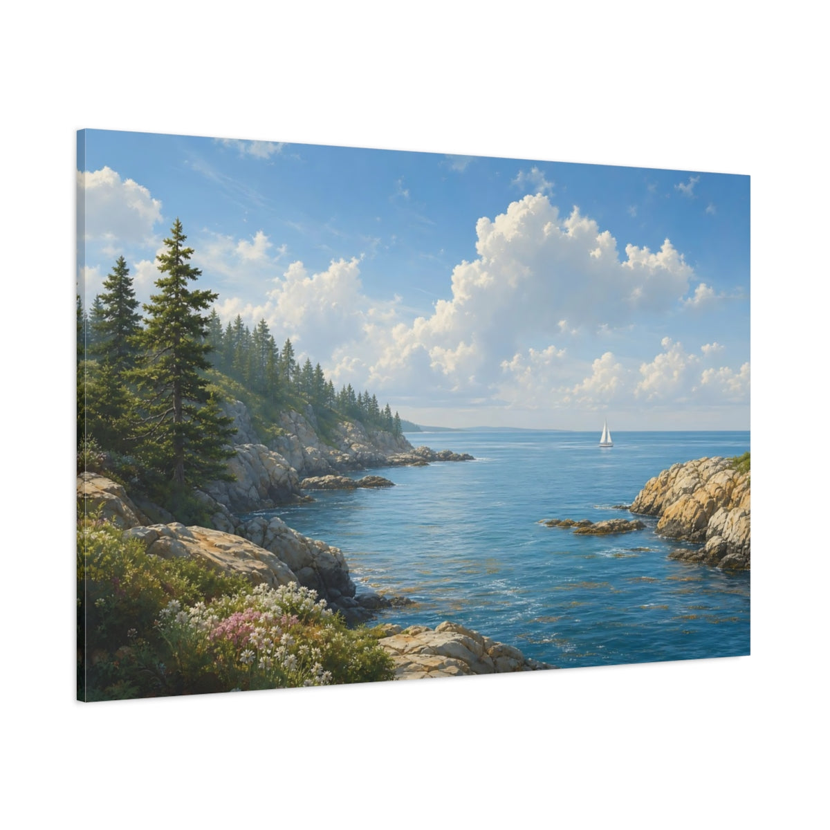 Side Mockup 1. Bold Graphic Landscape Poster Sailboat Beyond Ocean Inlet Beneath Summer Haze shown as stretched canvas wall art