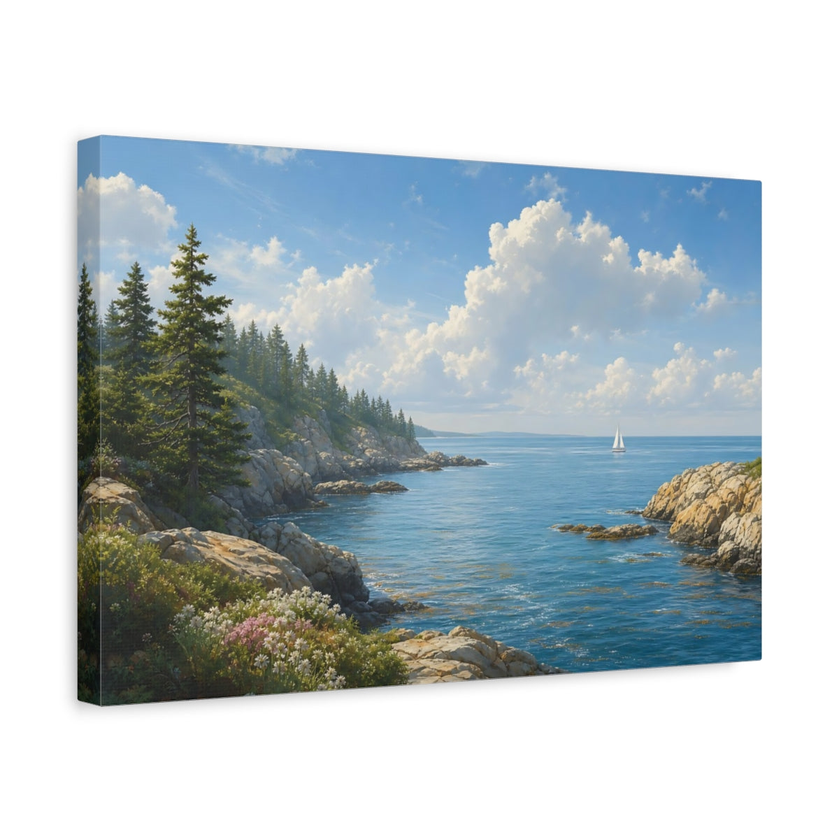 Side Mockup 4. Bold Graphic Landscape Poster Sailboat Beyond Ocean Inlet Beneath Summer Haze shown as stretched canvas wall art