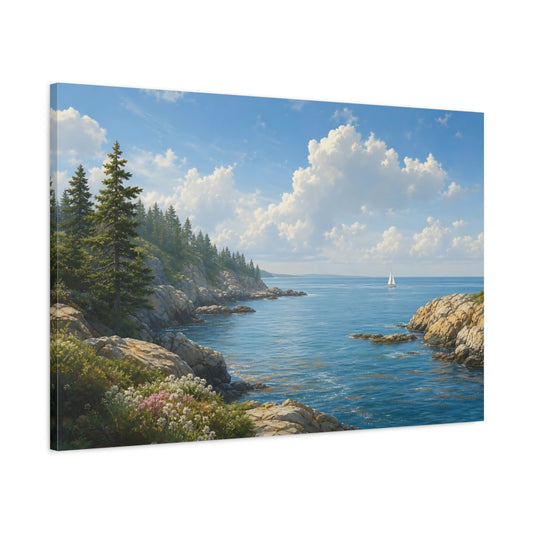 Main Mockup. Bold Graphic Landscape Poster Sailboat Beyond Ocean Inlet Beneath Summer Haze shown as stretched canvas wall art