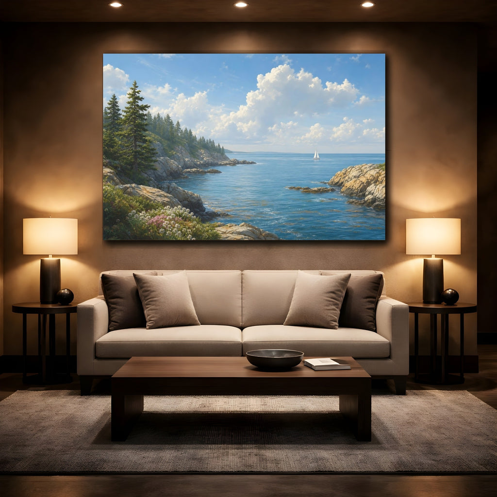 Mockup 2. Bold Graphic Landscape Poster Sailboat Beyond Ocean Inlet Beneath Summer Haze shown as stretched canvas wall art