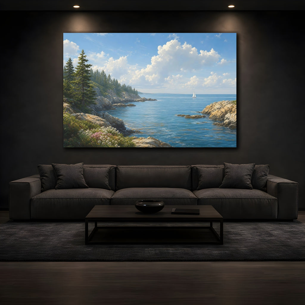 Mockup 3. Bold Graphic Landscape Poster Sailboat Beyond Ocean Inlet Beneath Summer Haze shown as stretched canvas wall art