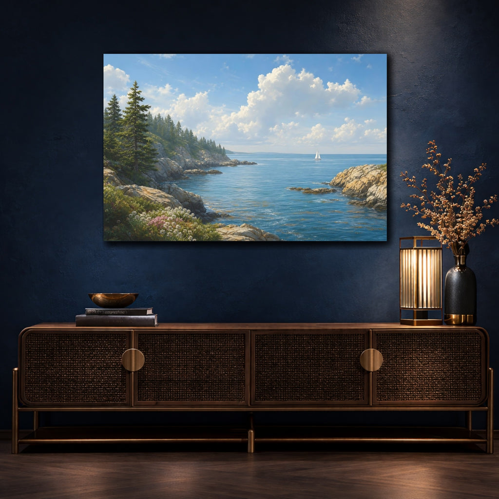 Mockup 4. Bold Graphic Landscape Poster Sailboat Beyond Ocean Inlet Beneath Summer Haze shown as stretched canvas wall art