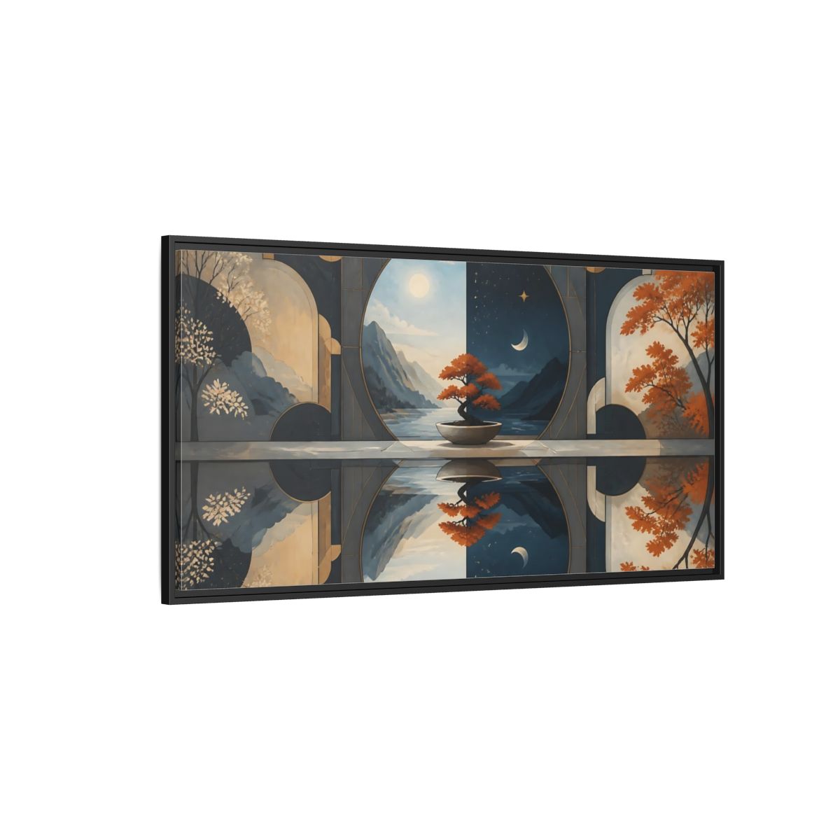 Side Mockup 5. Bonsai Day And Night shown as framed canvas print