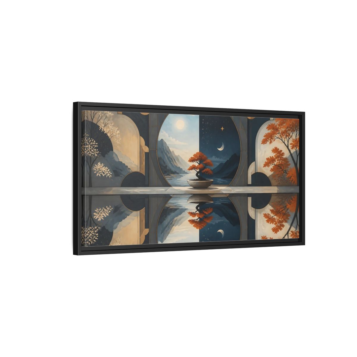 Side Mockup 2. Bonsai Day And Night shown as framed canvas print