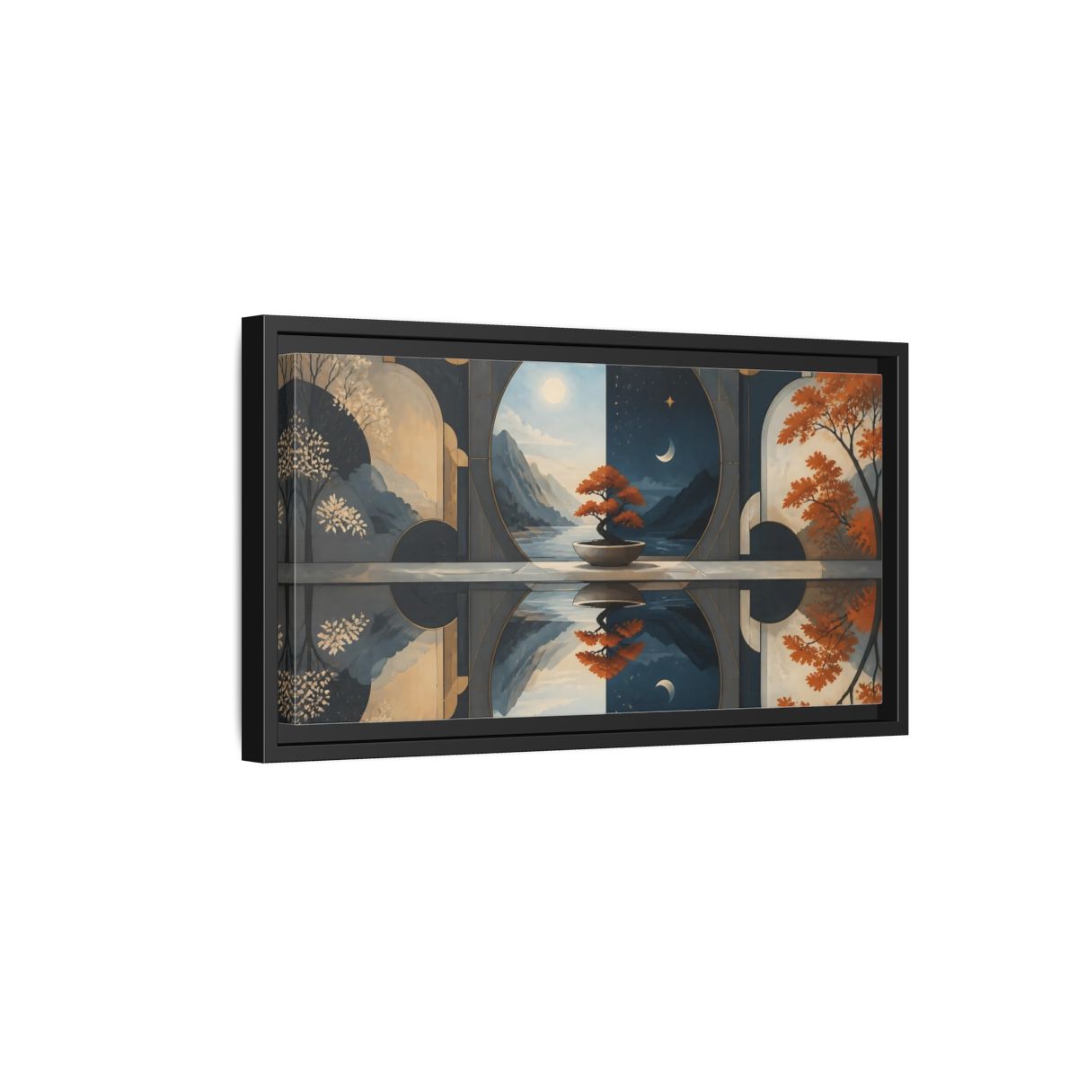 Side Mockup 8. Bonsai Day And Night shown as framed canvas print