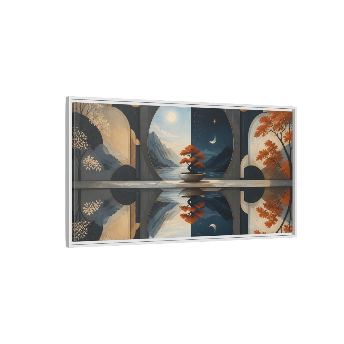 Side Mockup 3. Bonsai Day And Night shown as framed canvas print