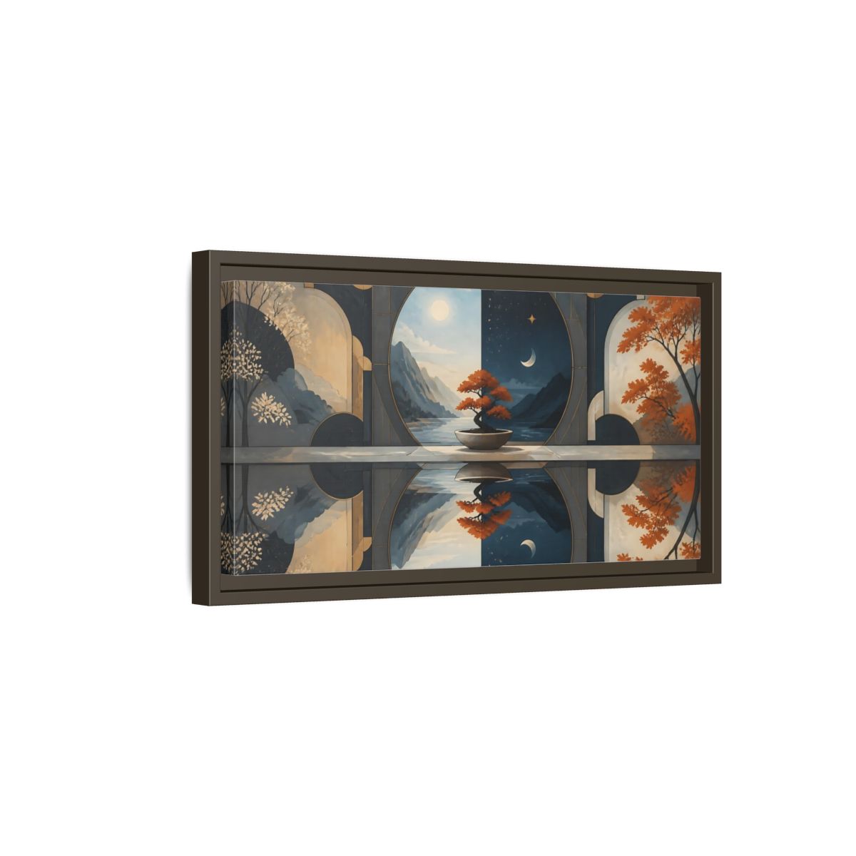 Side Mockup 7. Bonsai Day And Night shown as framed canvas print