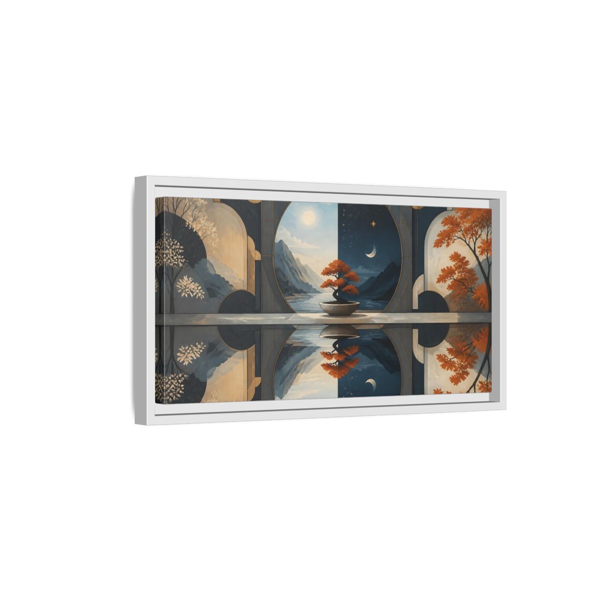 Side Mockup 6. Bonsai Day And Night shown as framed canvas print