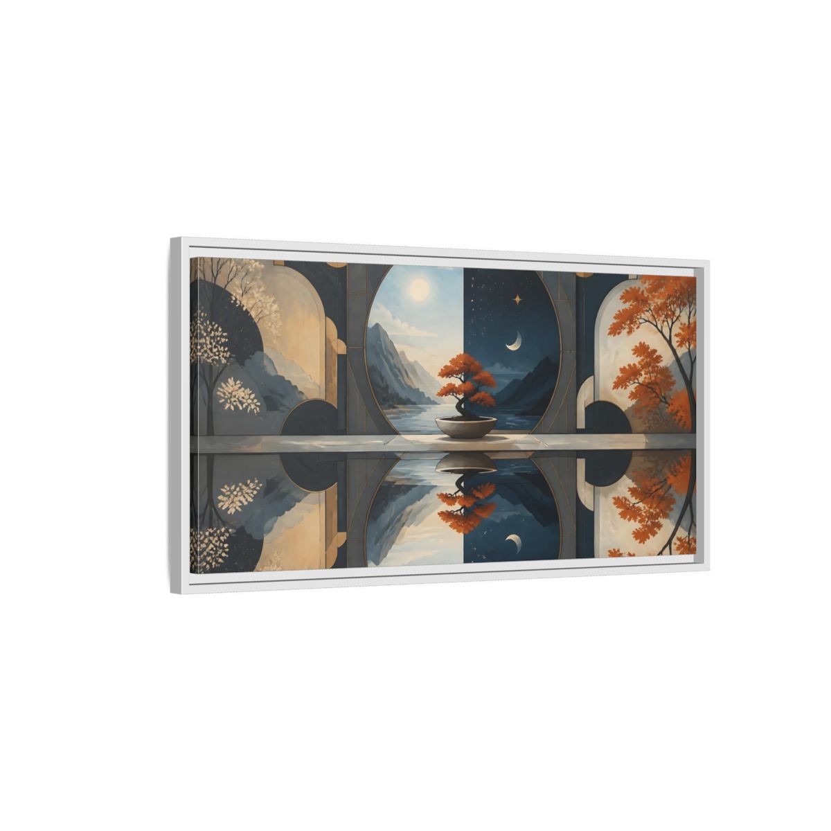 Side Mockup 1. Bonsai Day And Night shown as framed canvas print