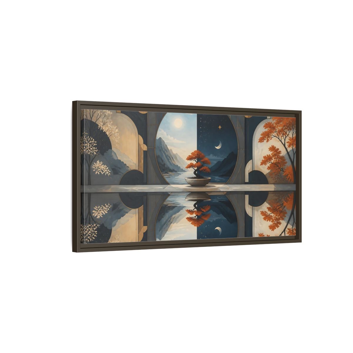 Main Mockup. Bonsai Day And Night shown as framed canvas print