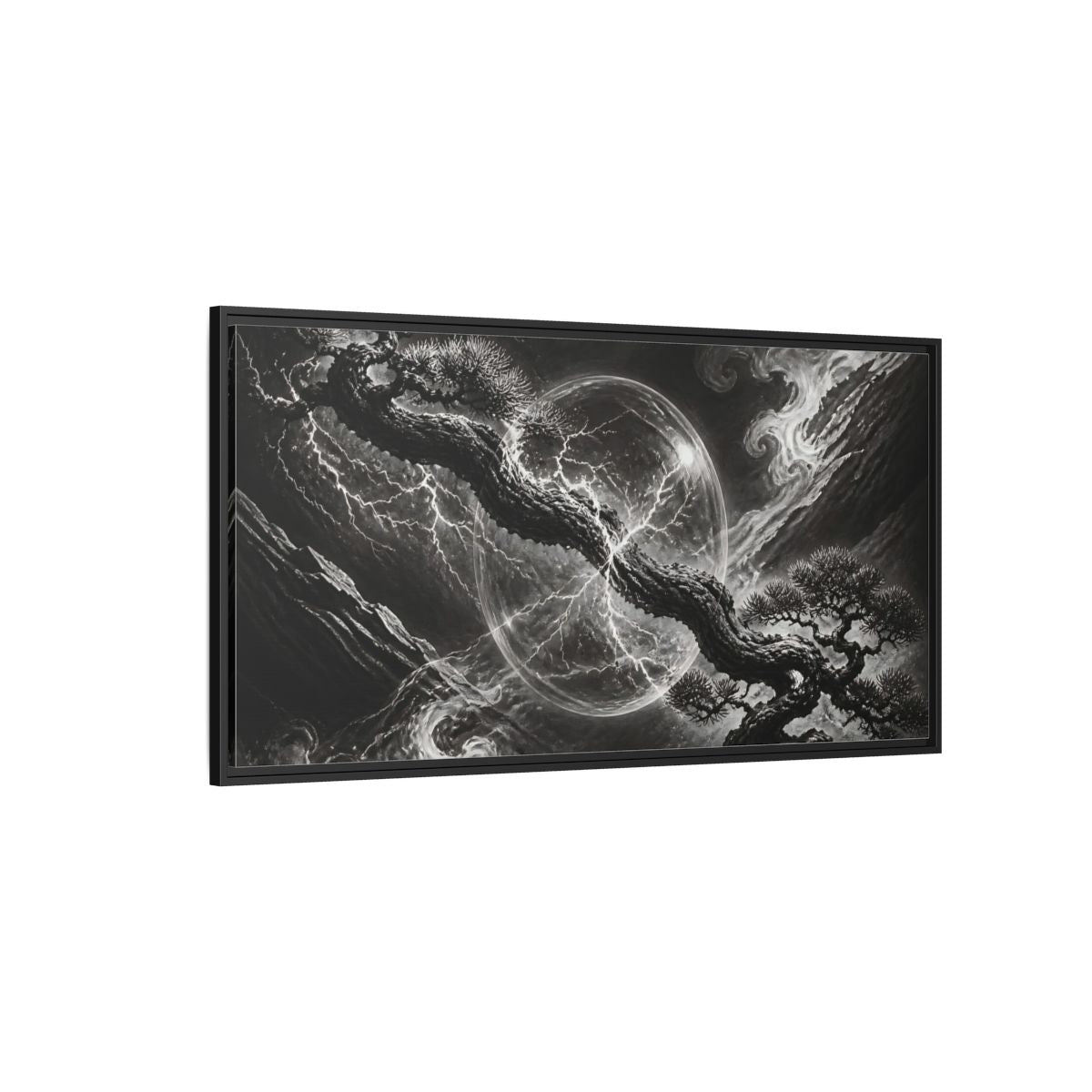 Side Mockup 5. Bonsai In Glass Orb shown as framed canvas print