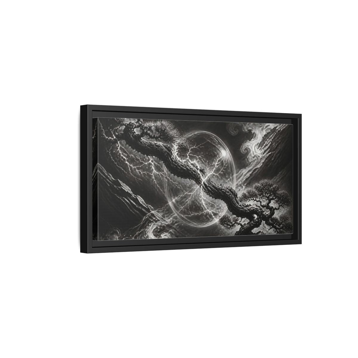 Side Mockup 8. Bonsai In Glass Orb shown as framed canvas print