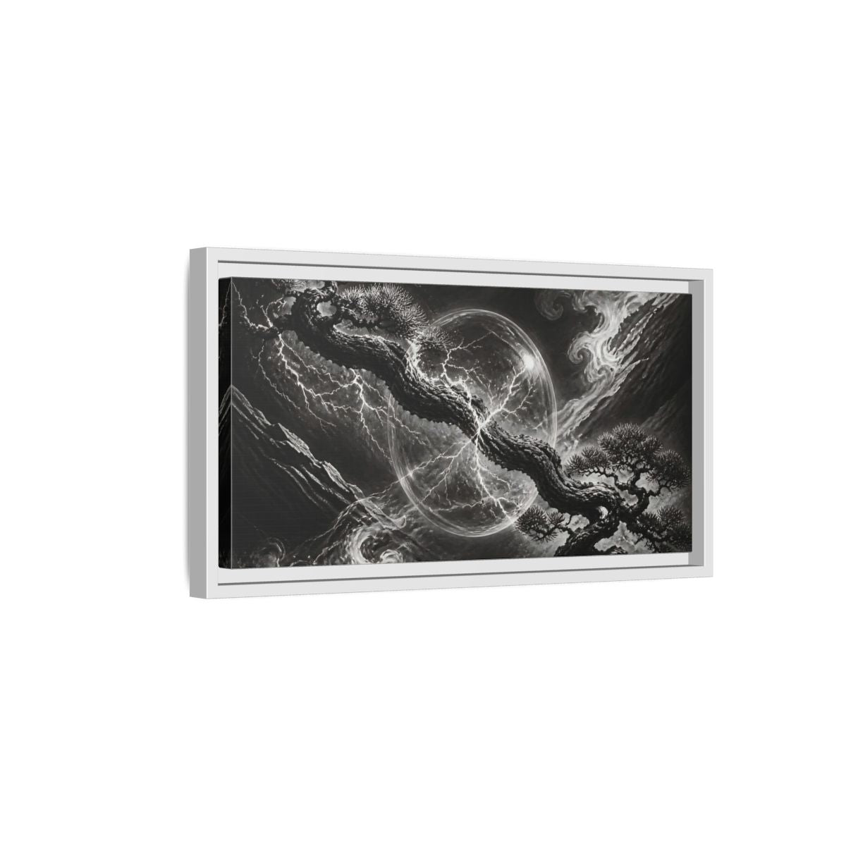 Side Mockup 6. Bonsai In Glass Orb shown as framed canvas print