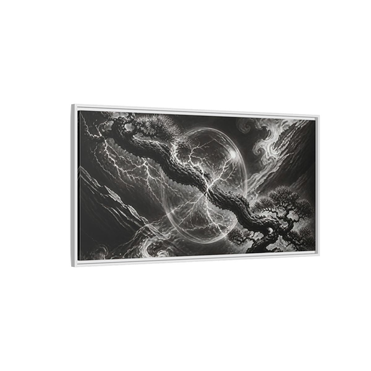 Side Mockup 3. Bonsai In Glass Orb shown as framed canvas print