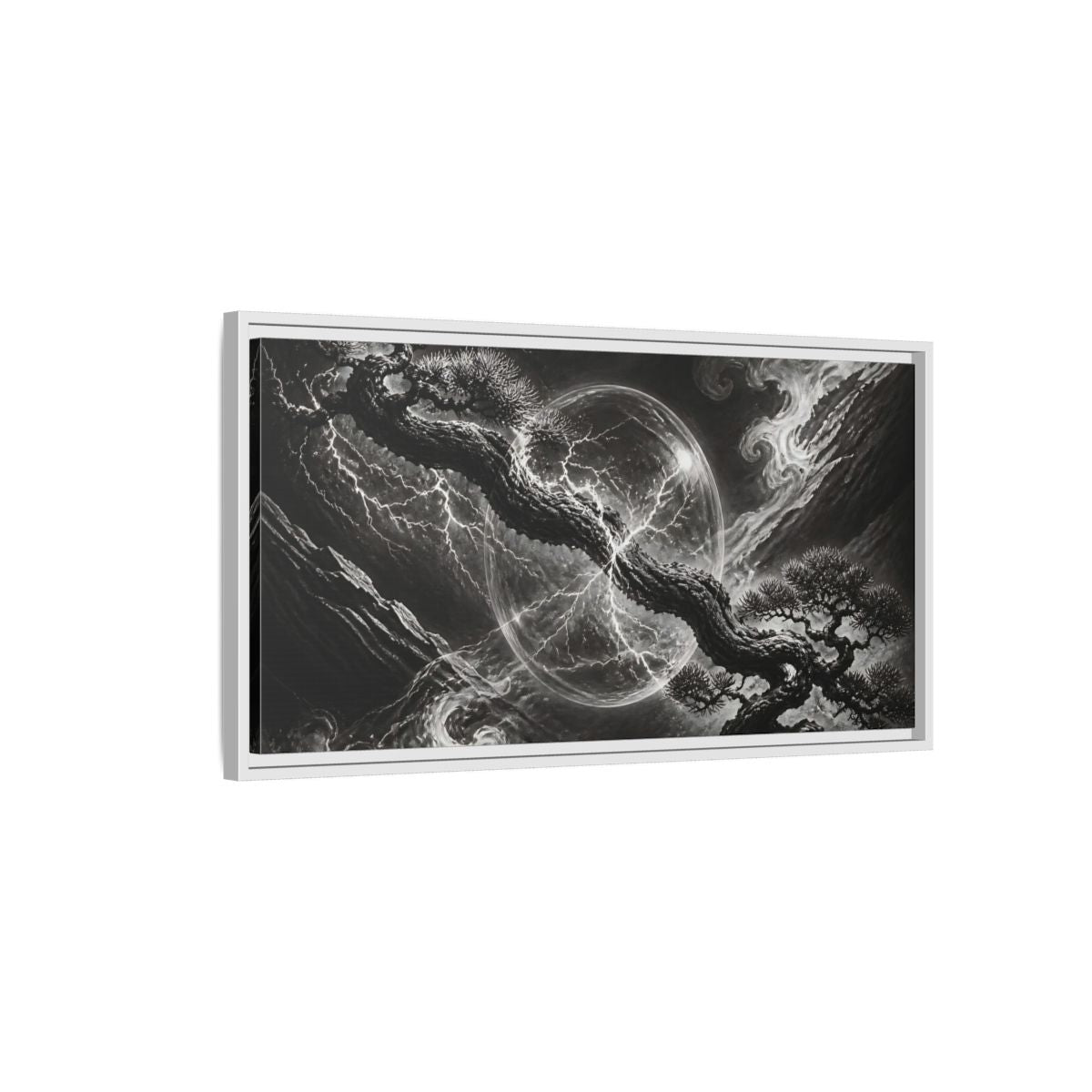 Side Mockup 1. Bonsai In Glass Orb shown as framed canvas print