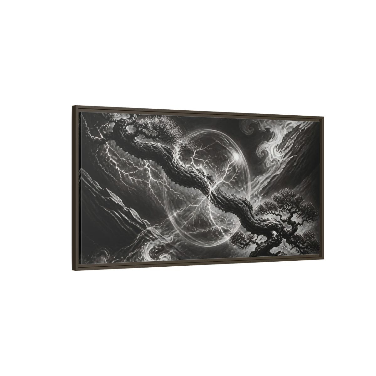 Side Mockup 4. Bonsai In Glass Orb shown as framed canvas print