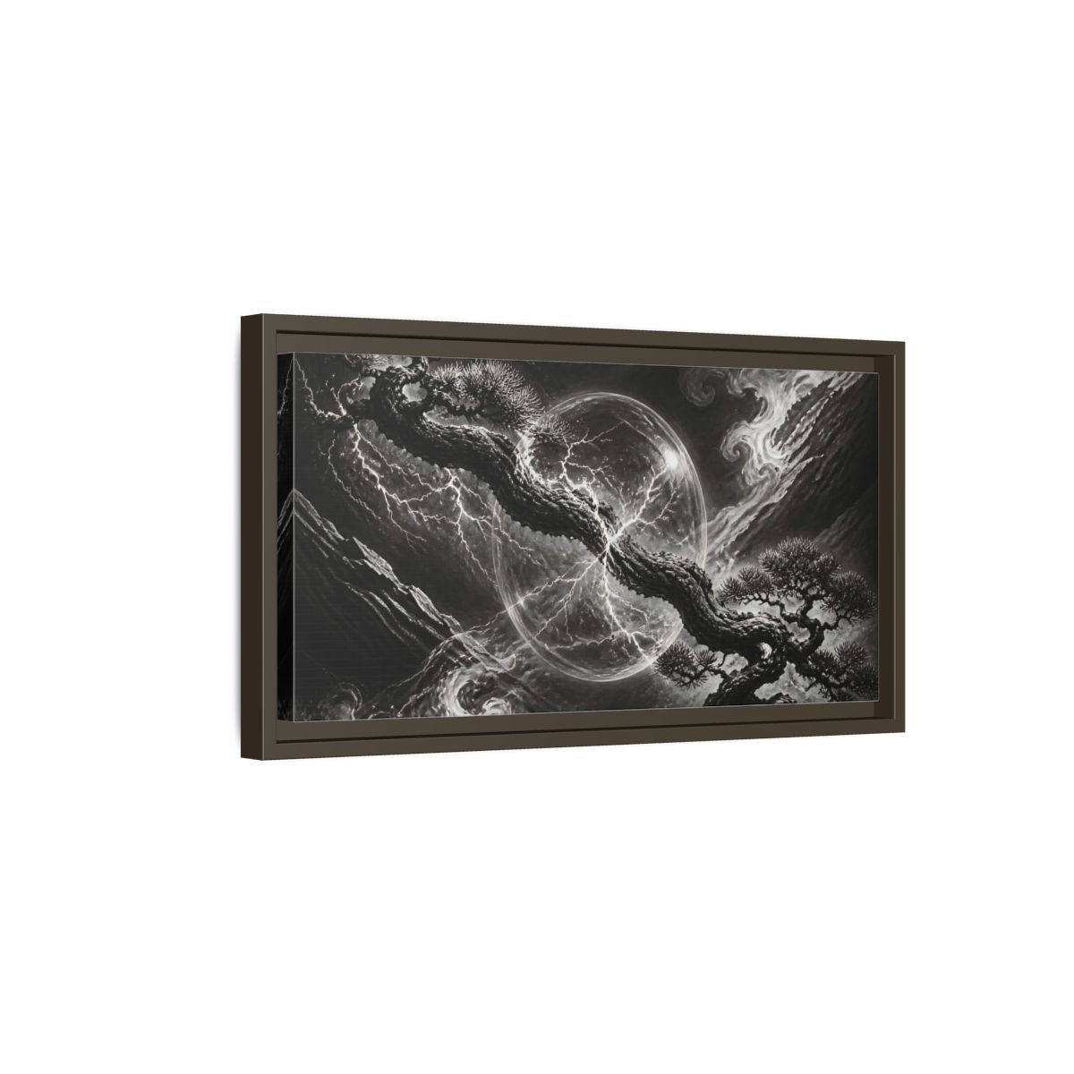 Side Mockup 7. Bonsai In Glass Orb shown as framed canvas print