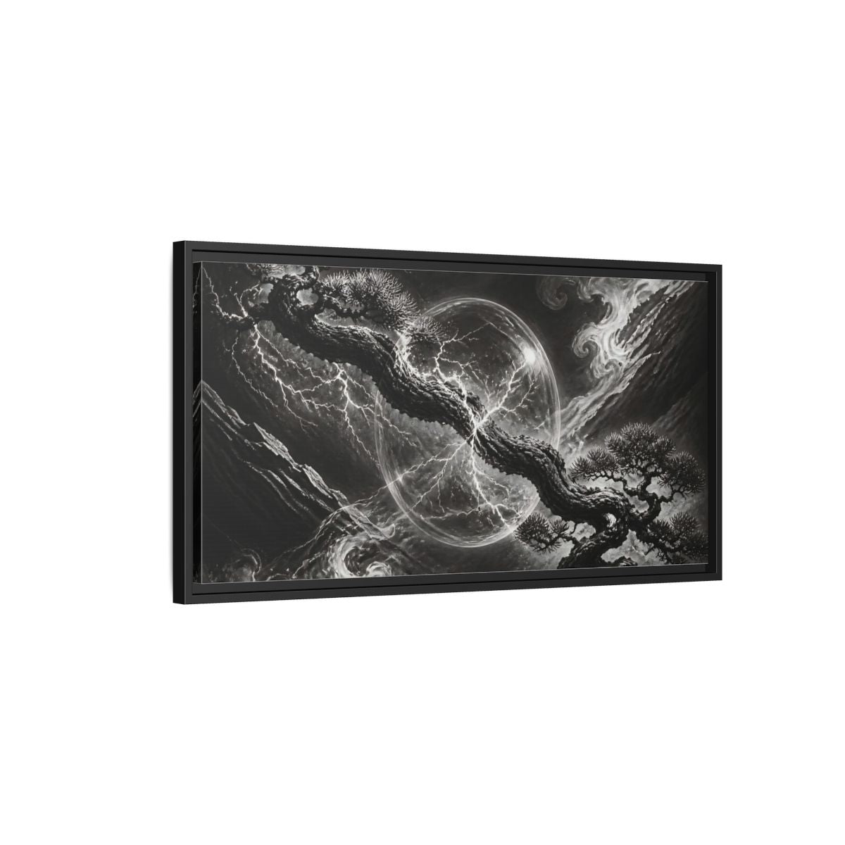 Side Mockup 2. Bonsai In Glass Orb shown as framed canvas print