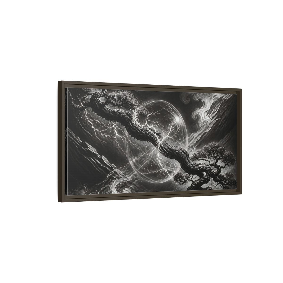 Main Mockup. Bonsai In Glass Orb shown as framed canvas print