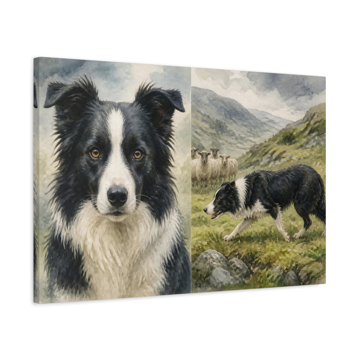 Side Mockup 2. Border Collie Pets Pasture shown as canvas print