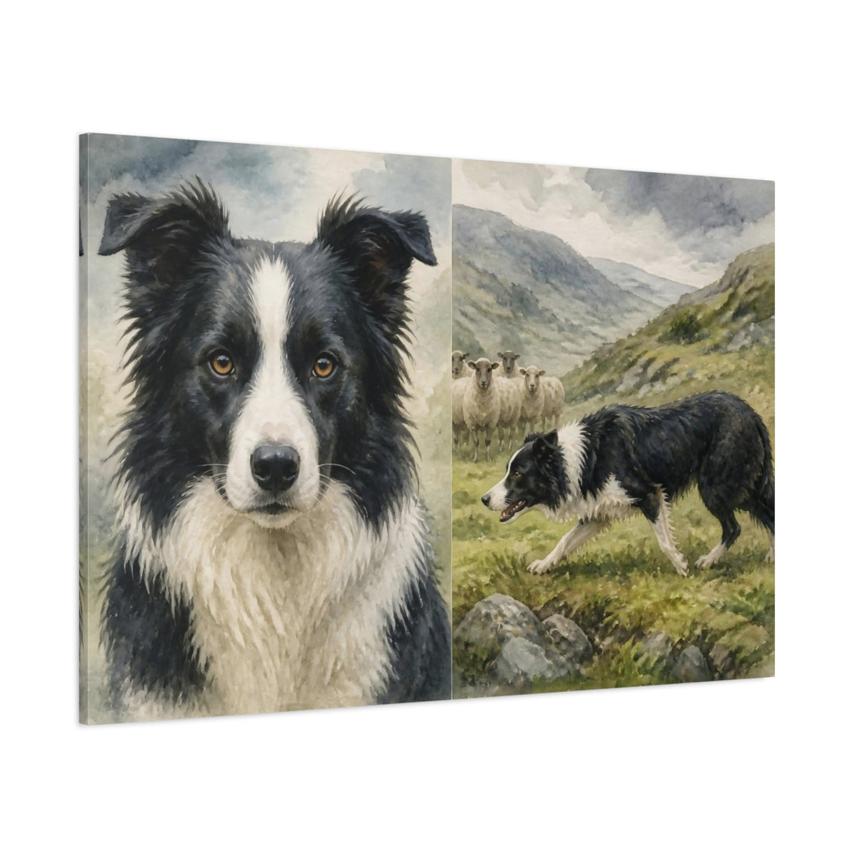 Side Mockup 1. Border Collie Pets Pasture shown as canvas print