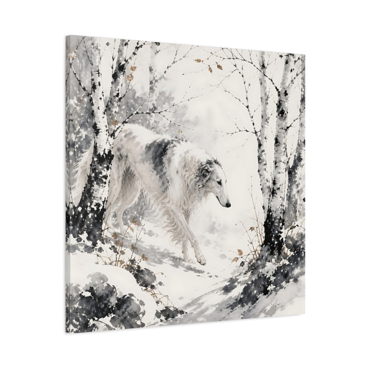 Main Mockup. Borzoi Pets In Snow shown as canvas print