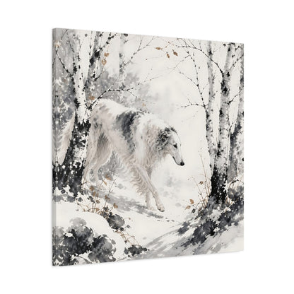 Main Mockup. Borzoi Pets In Snow shown as canvas print