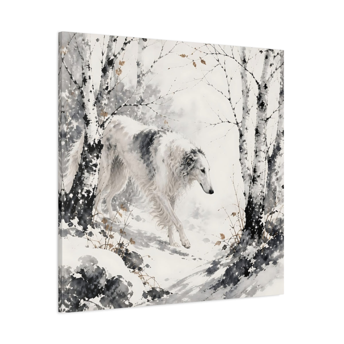 Side Mockup 1. Borzoi Pets In Snow shown as canvas print