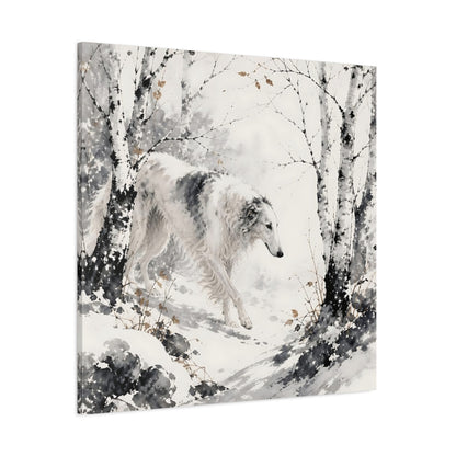Side Mockup 1. Borzoi Pets In Snow shown as canvas print
