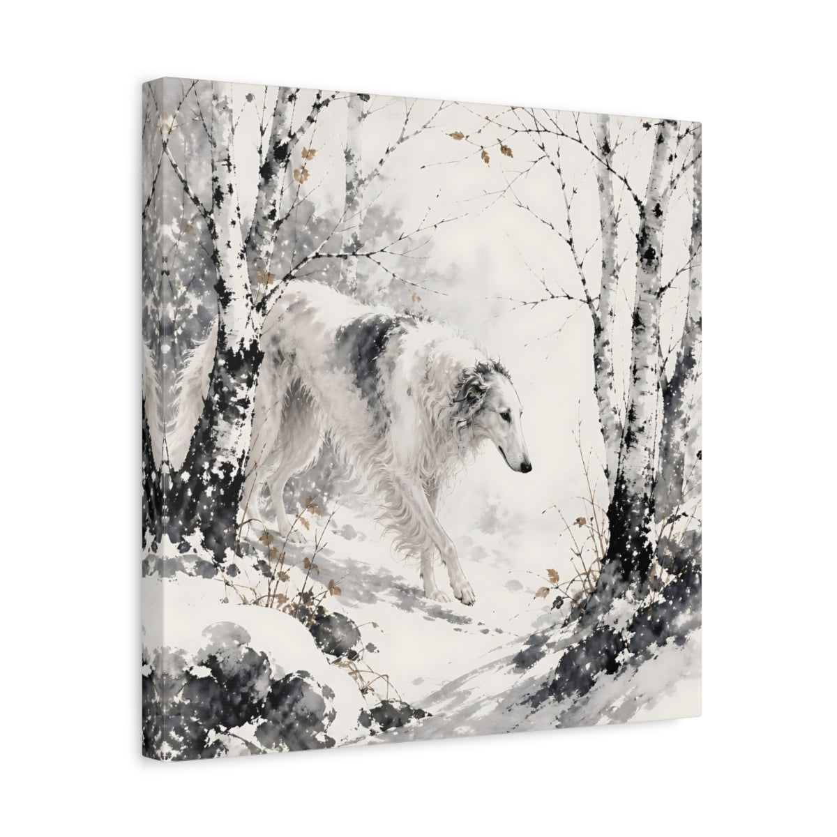 Side Mockup 6. Borzoi Pets In Snow shown as canvas print