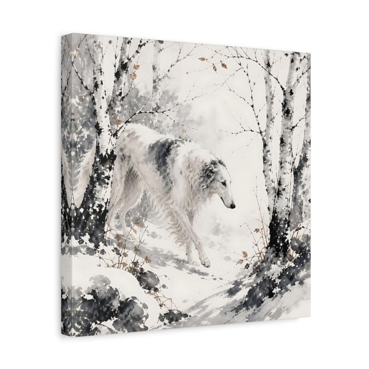 Side Mockup 7. Borzoi Pets In Snow shown as canvas print
