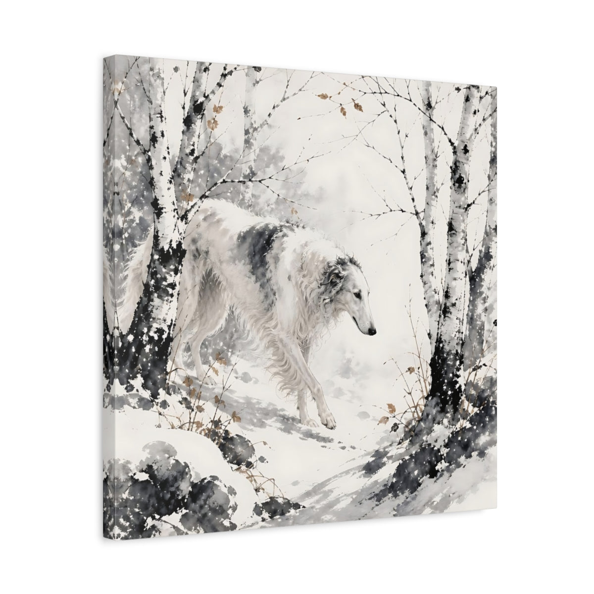 Side Mockup 5. Borzoi Pets In Snow shown as canvas print