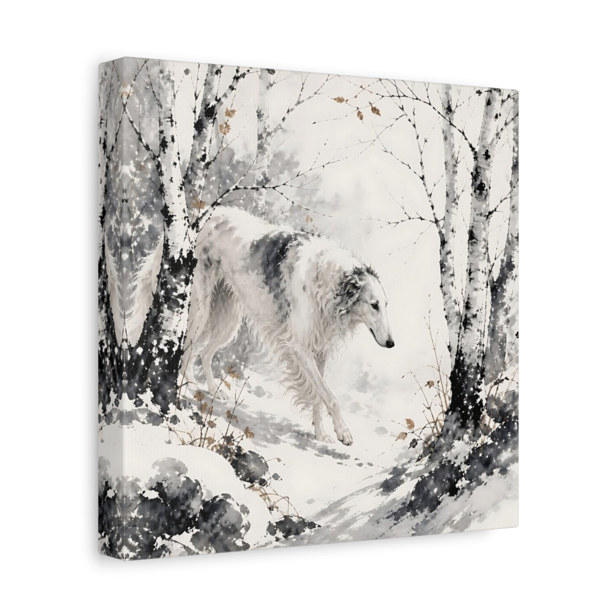 Side Mockup 9. Borzoi Pets In Snow shown as canvas print