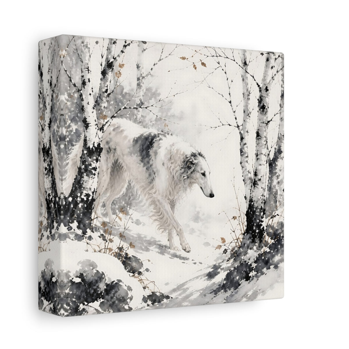 Side Mockup 2. Borzoi Pets In Snow shown as canvas print