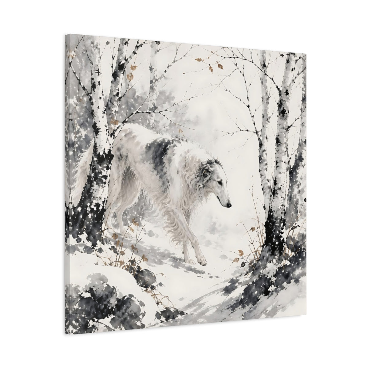 Side Mockup 3. Borzoi Pets In Snow shown as canvas print