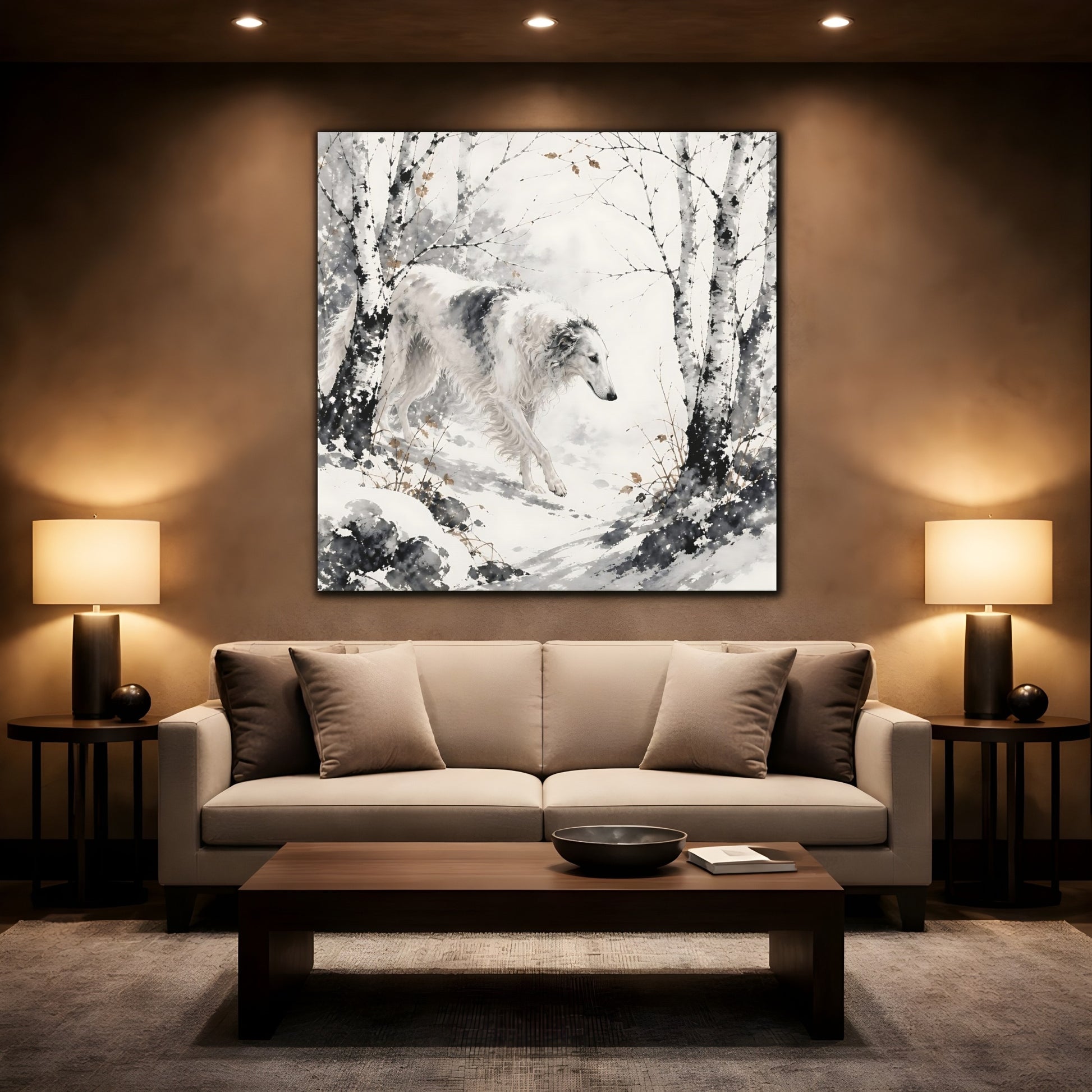 Mockup 2. Borzoi Pets In Snow shown as canvas print