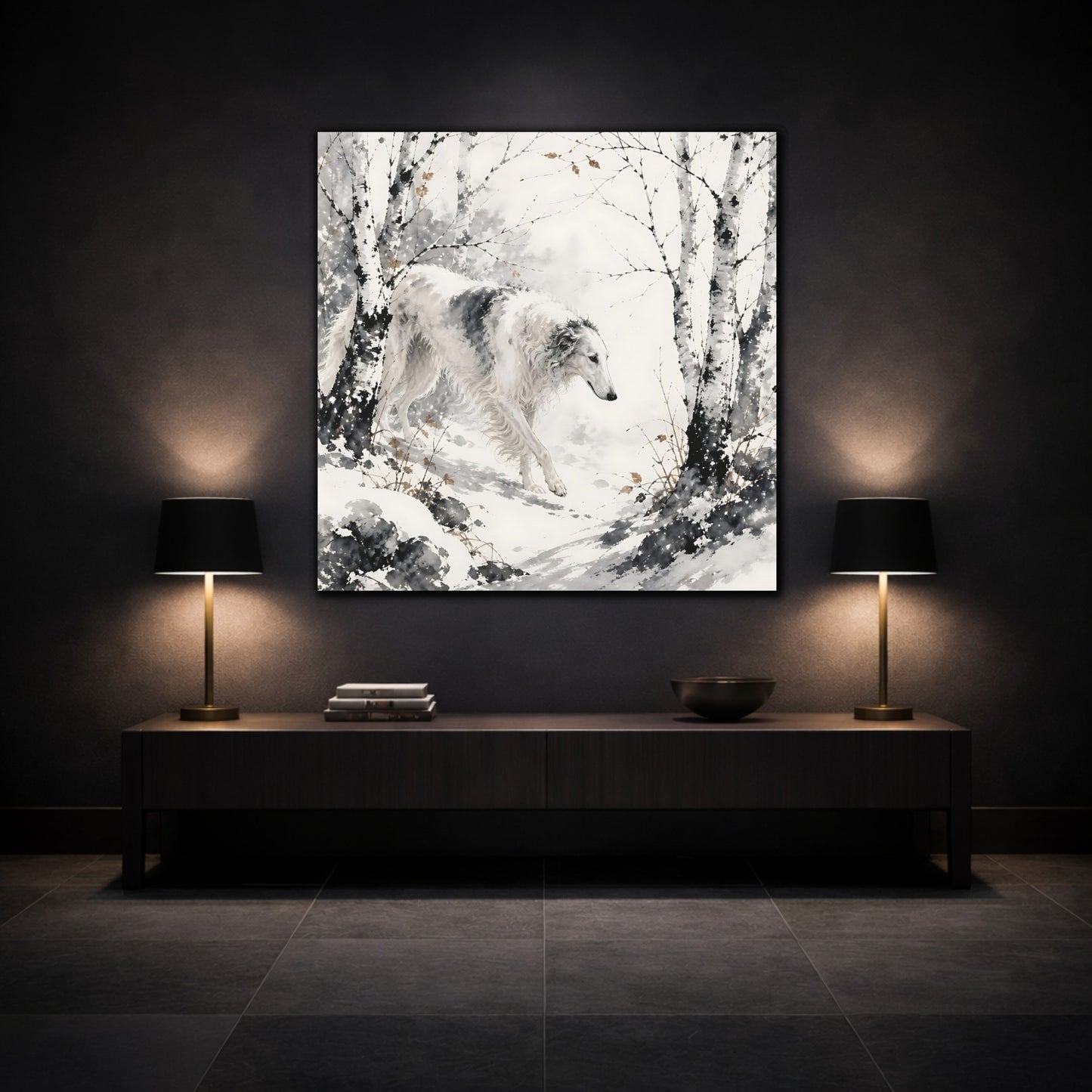 Mockup 3. Borzoi Pets In Snow shown as canvas print