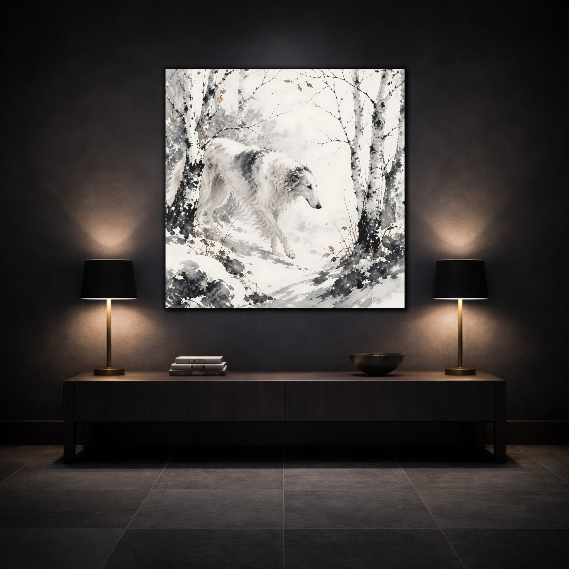 Mockup 3. Borzoi Pets In Snow shown as canvas print
