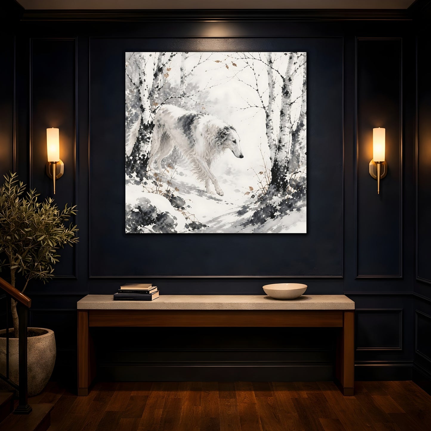 Mockup 4. Borzoi Pets In Snow shown as canvas print
