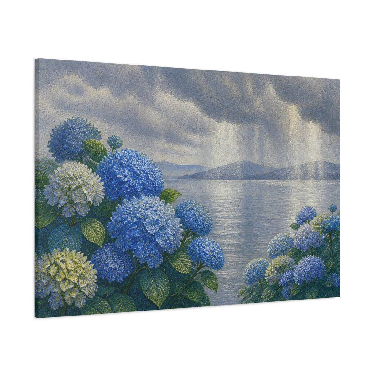 Side Mockup 1. Botanical Blue Hydrangeas shown as canvas print