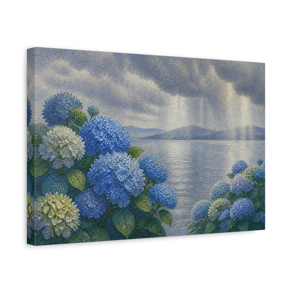Side Mockup 4. Botanical Blue Hydrangeas shown as canvas print