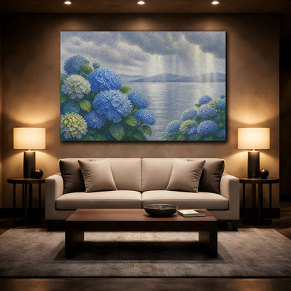 Mockup 2. Botanical Blue Hydrangeas shown as canvas print