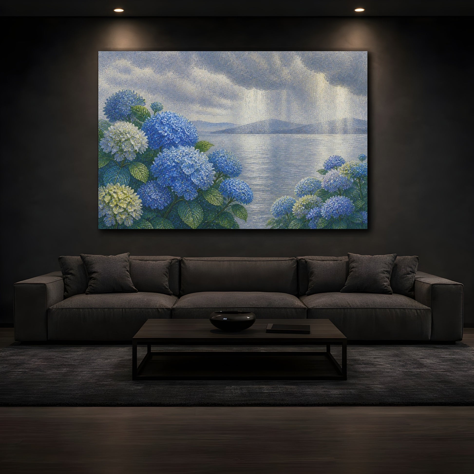 Mockup 3. Botanical Blue Hydrangeas shown as canvas print