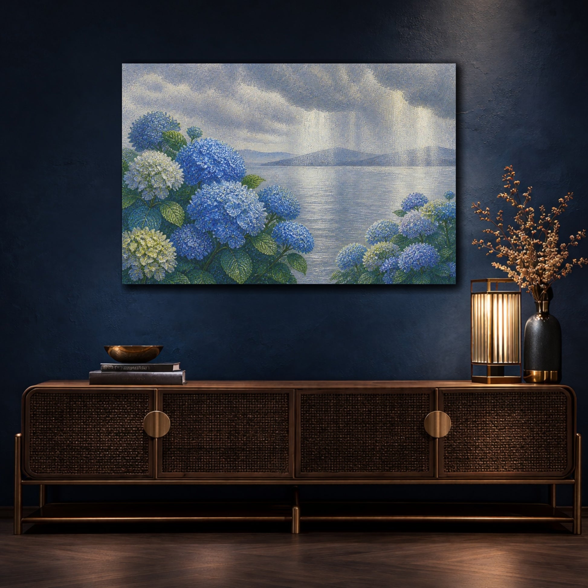 Mockup 4. Botanical Blue Hydrangeas shown as canvas print