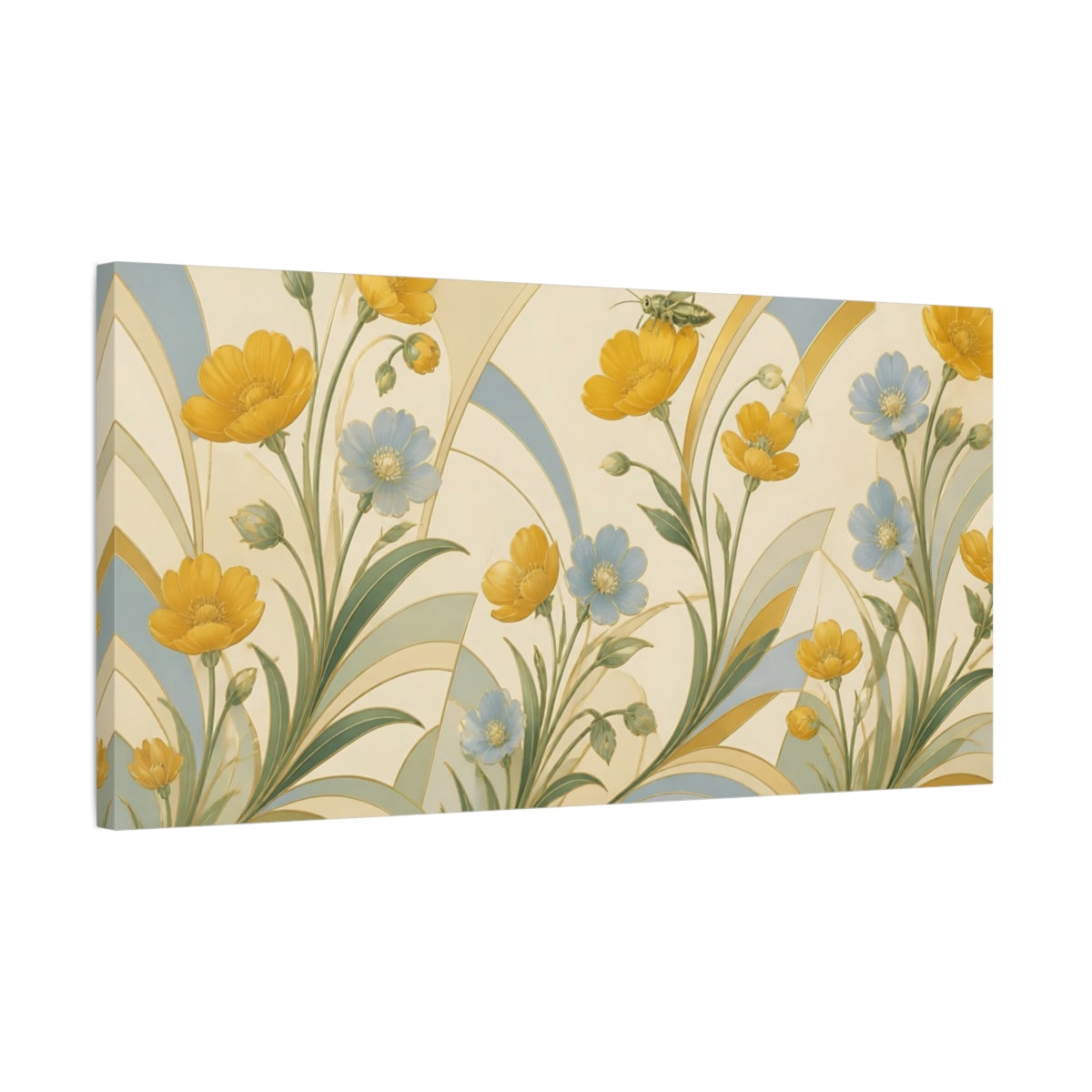 Side Mockup 1. Botanical Buttercups And Grasshopper shown as canvas print