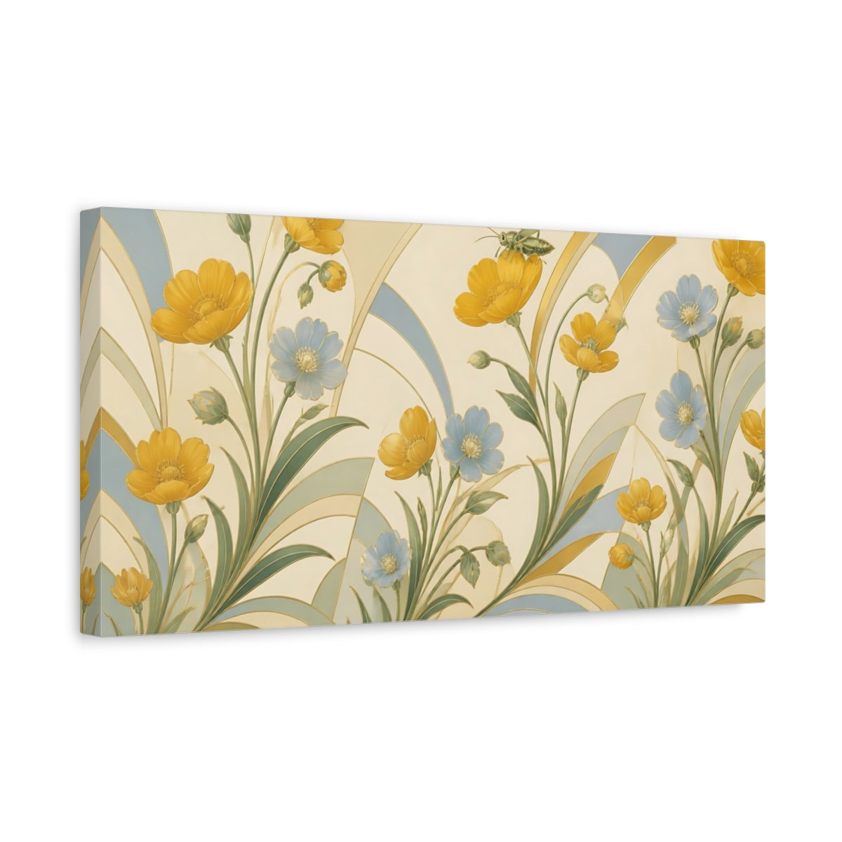 Side Mockup 3. Botanical Buttercups And Grasshopper shown as canvas print