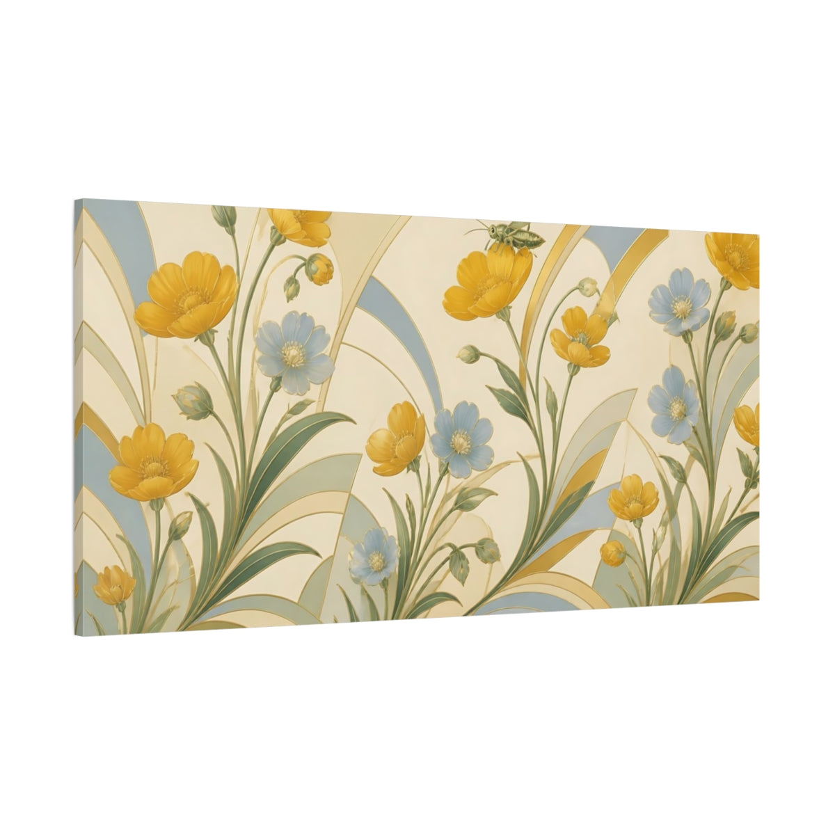 Side Mockup 2. Botanical Buttercups And Grasshopper shown as canvas print