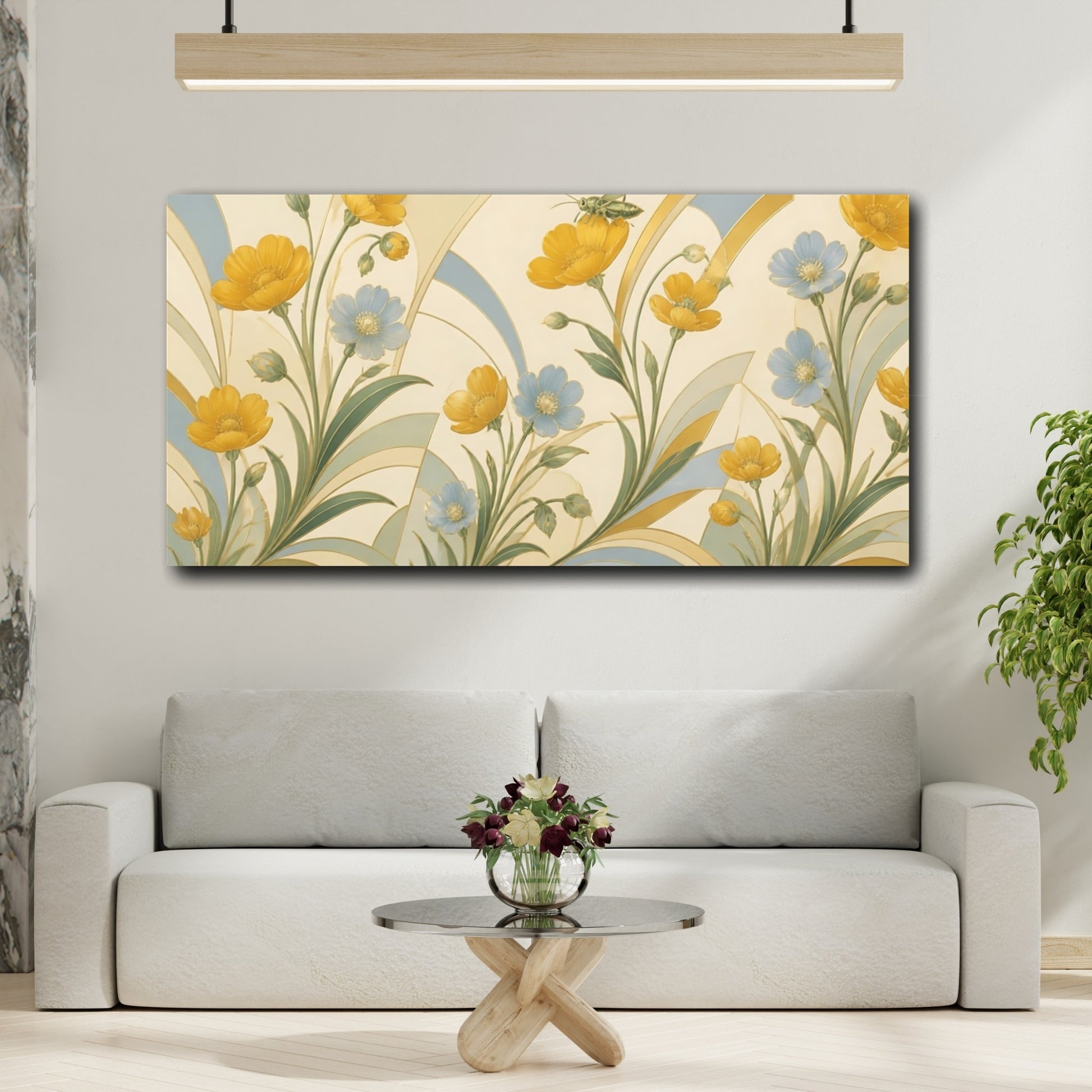 Mockup 2. Botanical Buttercups And Grasshopper shown as canvas print